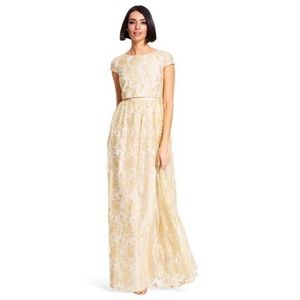 Adrianna Papell Floral Gold Lace Prom Maxi Dress